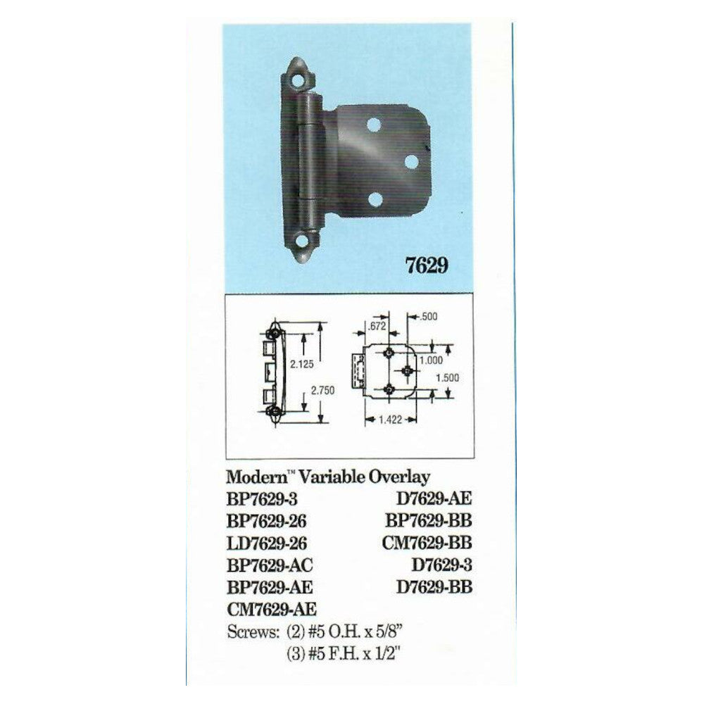 Pair of Amerock BP7629-26 Chrome Self-Closing Face Mount Variable Overlay Hinges