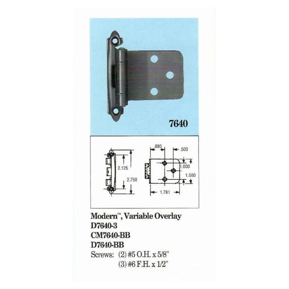 Pair Amerock  Brass Face Mount Variable Overlay Hinges Long Door Wing BP7640-BB