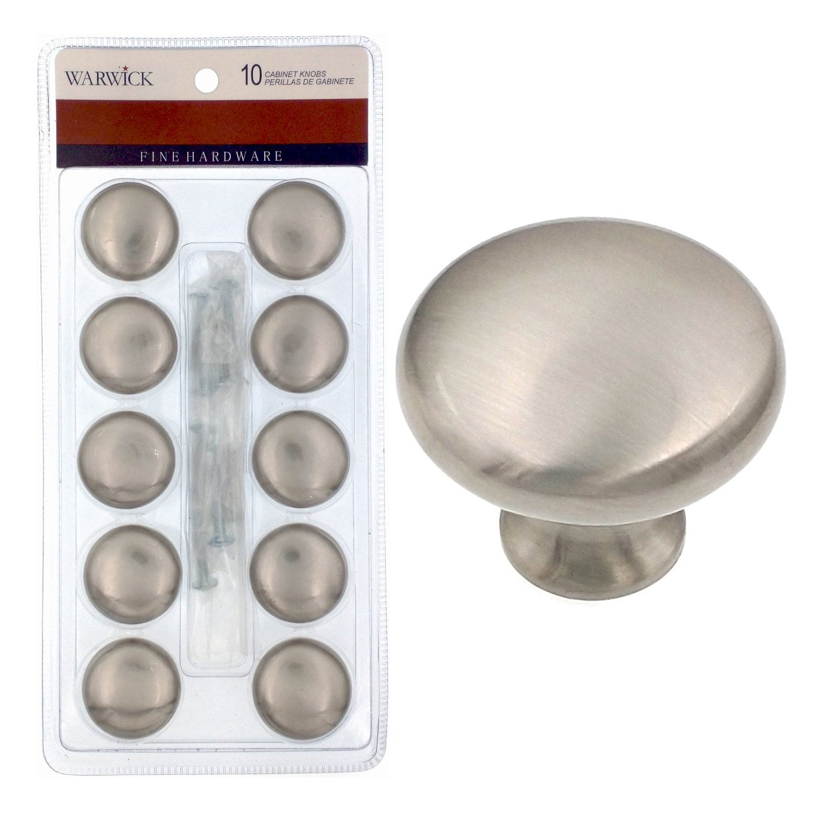 10 Pack Warwick Traditional Satin Nickel 1 1/4" Cabinet Knob Pulls DH1001BPSN