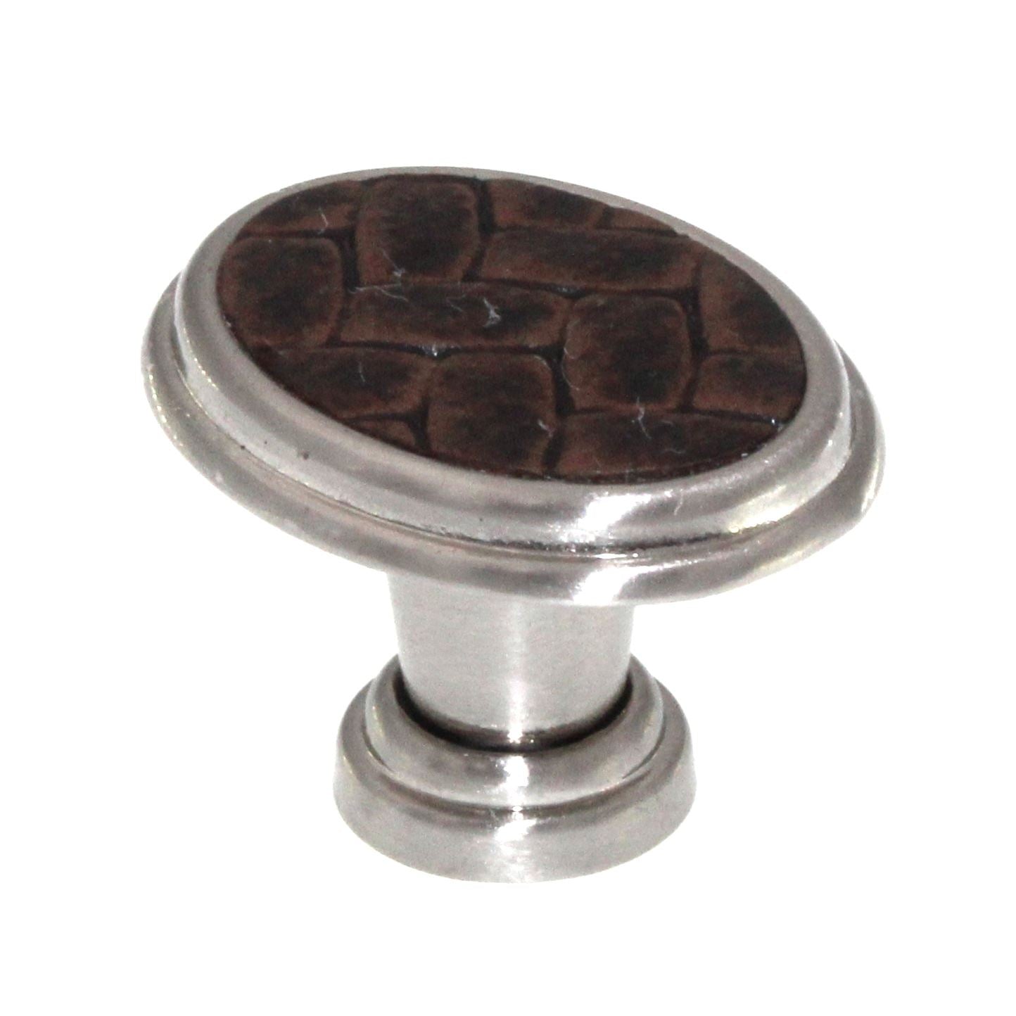 Laurey Churchill 1 5/8" Oval Cabinet Knob Satin Nickel Umber Brown Leather 12190