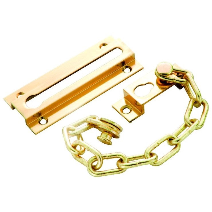 Solid Polished Brass and Steel Chain Door Guard. Allows small opening for viewing or ventilation.