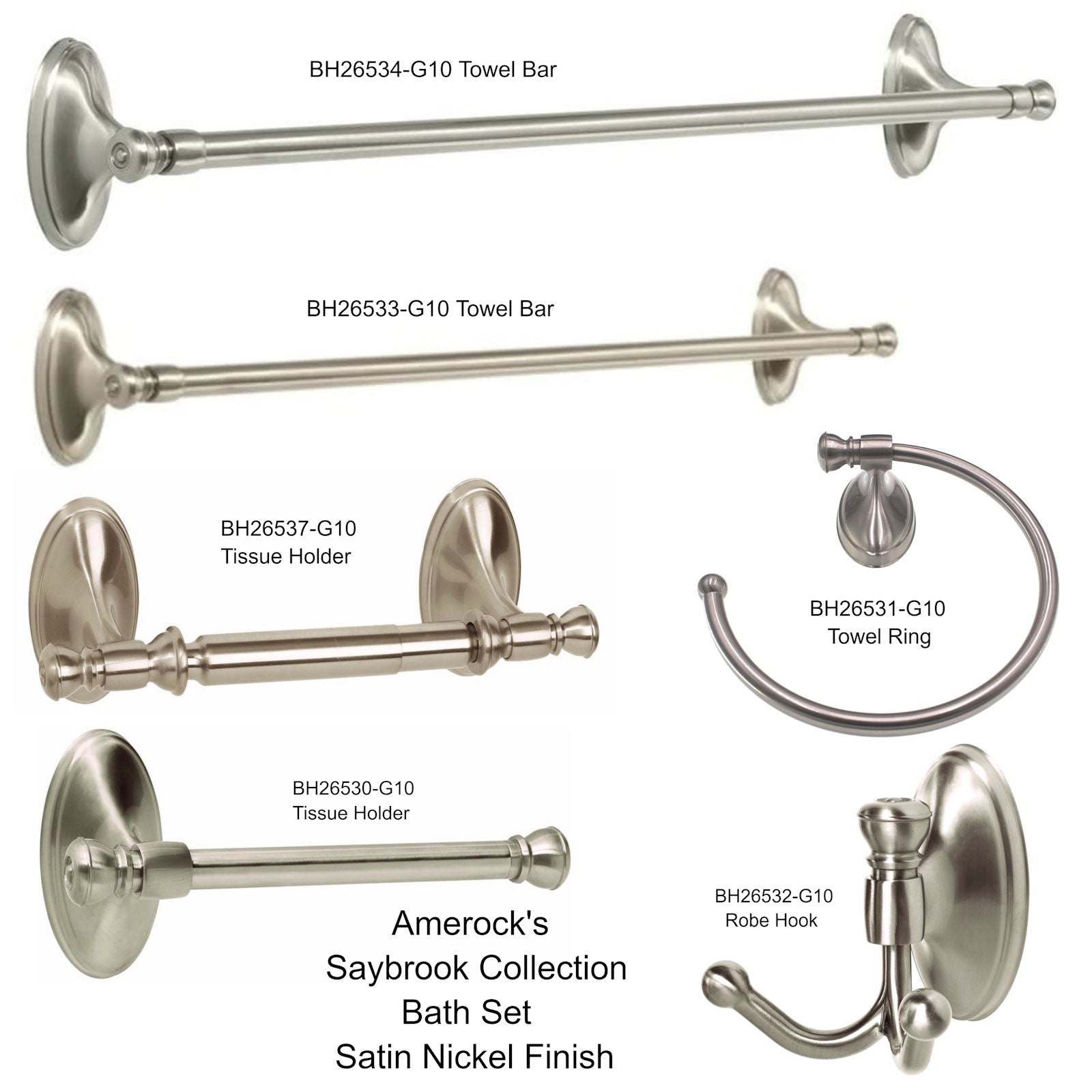 Amerock Saybrook 6-Piece Bath Accessory Set Satin Nickel Towel Bars Ring TP Holders Hook 