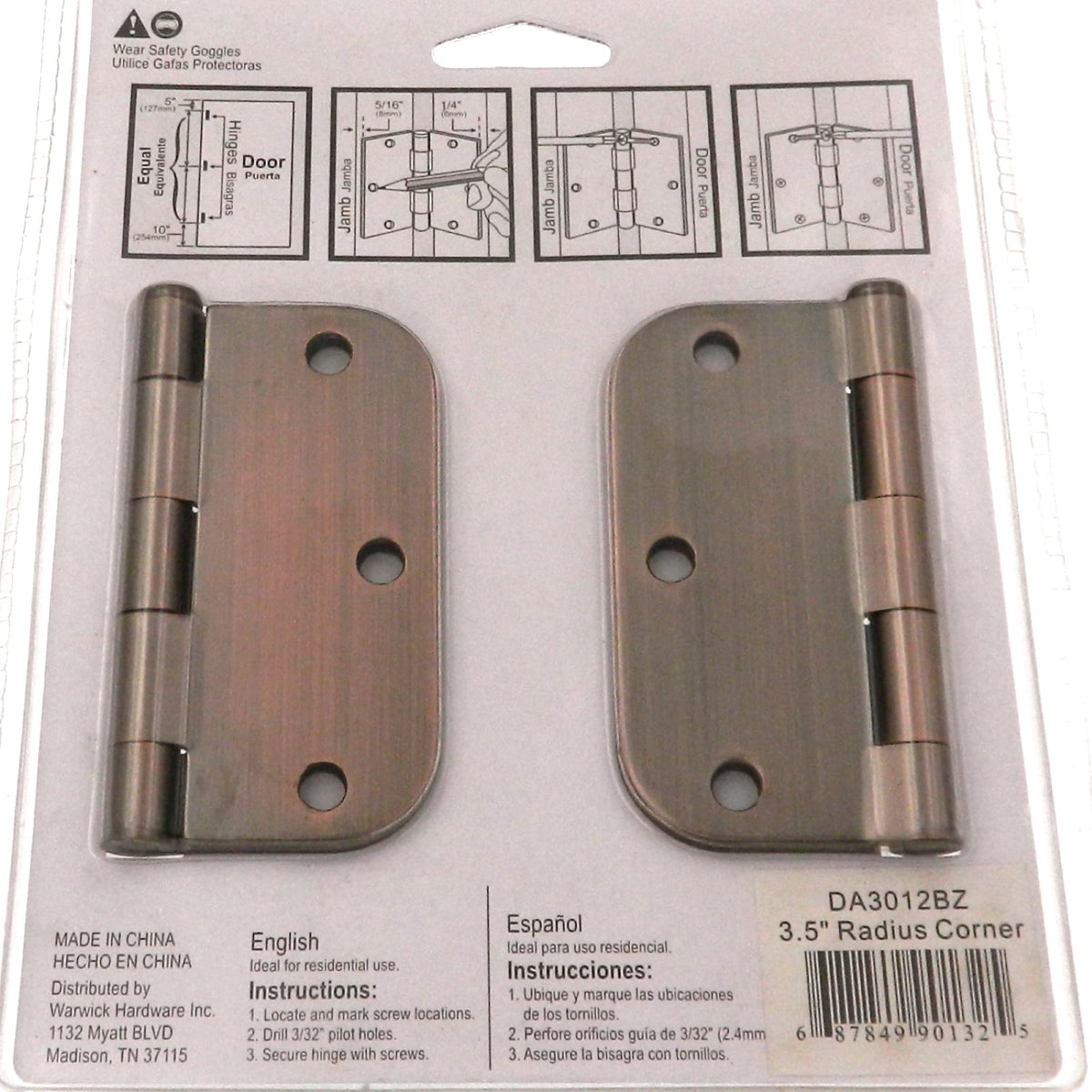 3 Pack Warwick 3 1/2" Door Hinge, 5/8" Radius Corner, Oil-Rubbed Bronze DA3012BZ