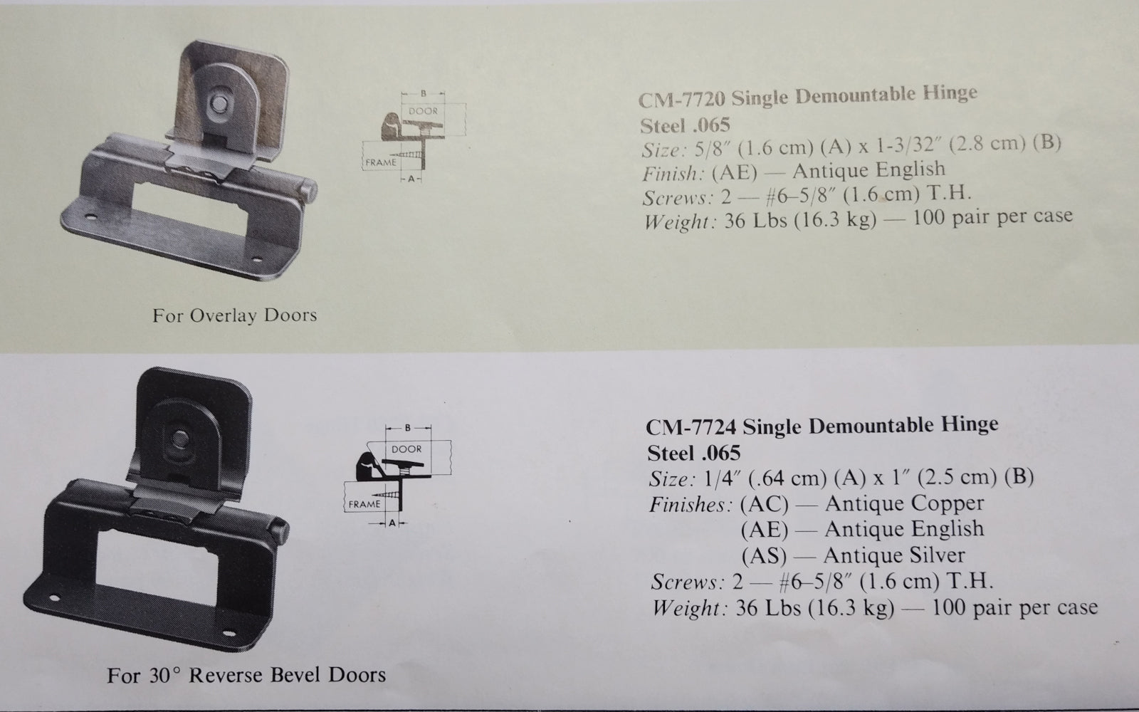 Single Demountable, Reverse Bevel Cabinet Hinge 1/4" Overlay Antique English CM7724-AE