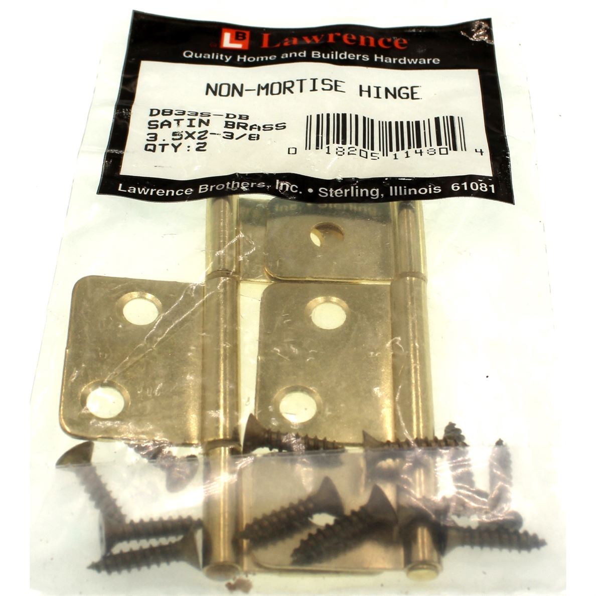 Lawrence Brothers 3 1/2" x 2 3/8" Non-Mortise Hinge Satin Brass 2 Pack D833S-DB