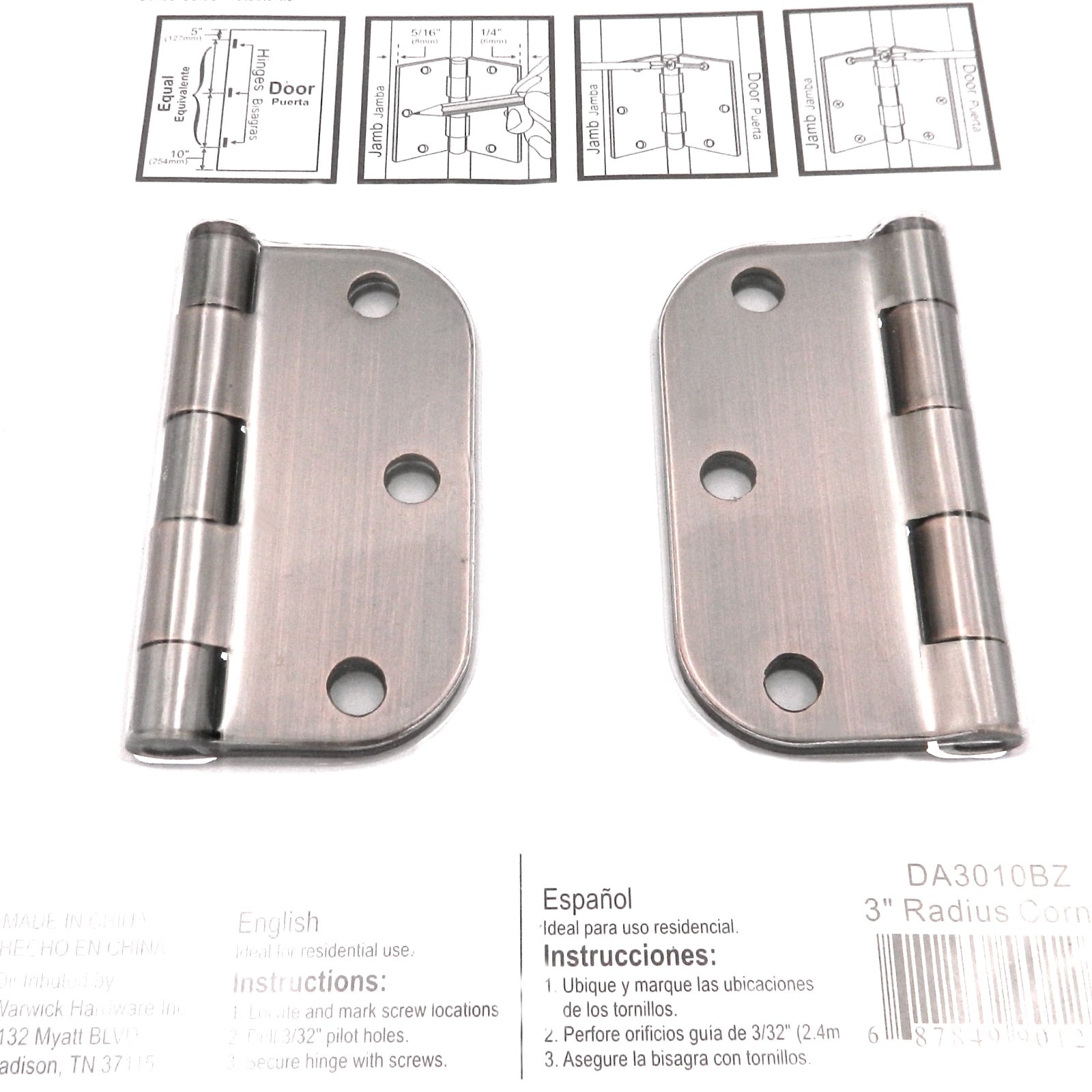 3 Pack Warwick 3" Door Hinge, 5/8" Radius Corner, Oil-Rubbed Bronze DA3010BZ