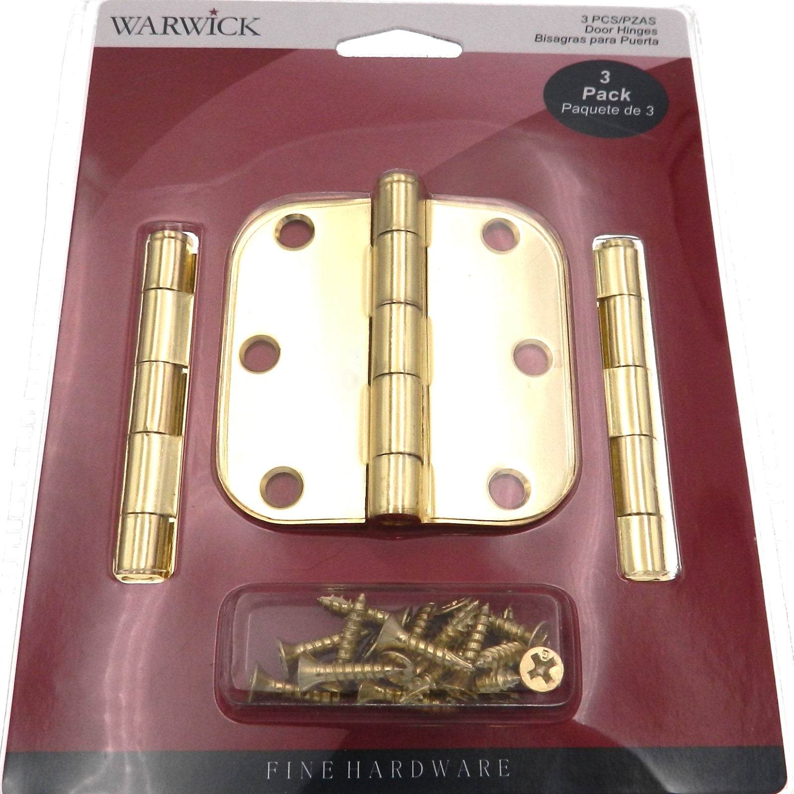 3 Pack Warwick 3" Door Hinge, 5/8" Radius Corner, Polished Brass DA3010PB