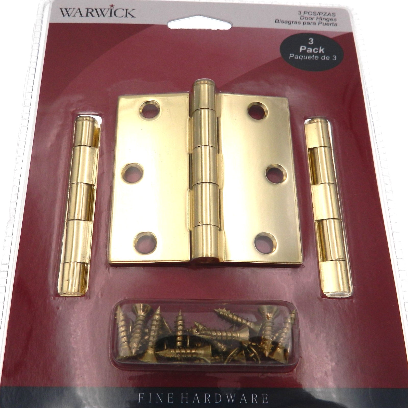 3 Pack Warwick 3" Door Hinge, Square Corner, Polished Brass DA3011PB