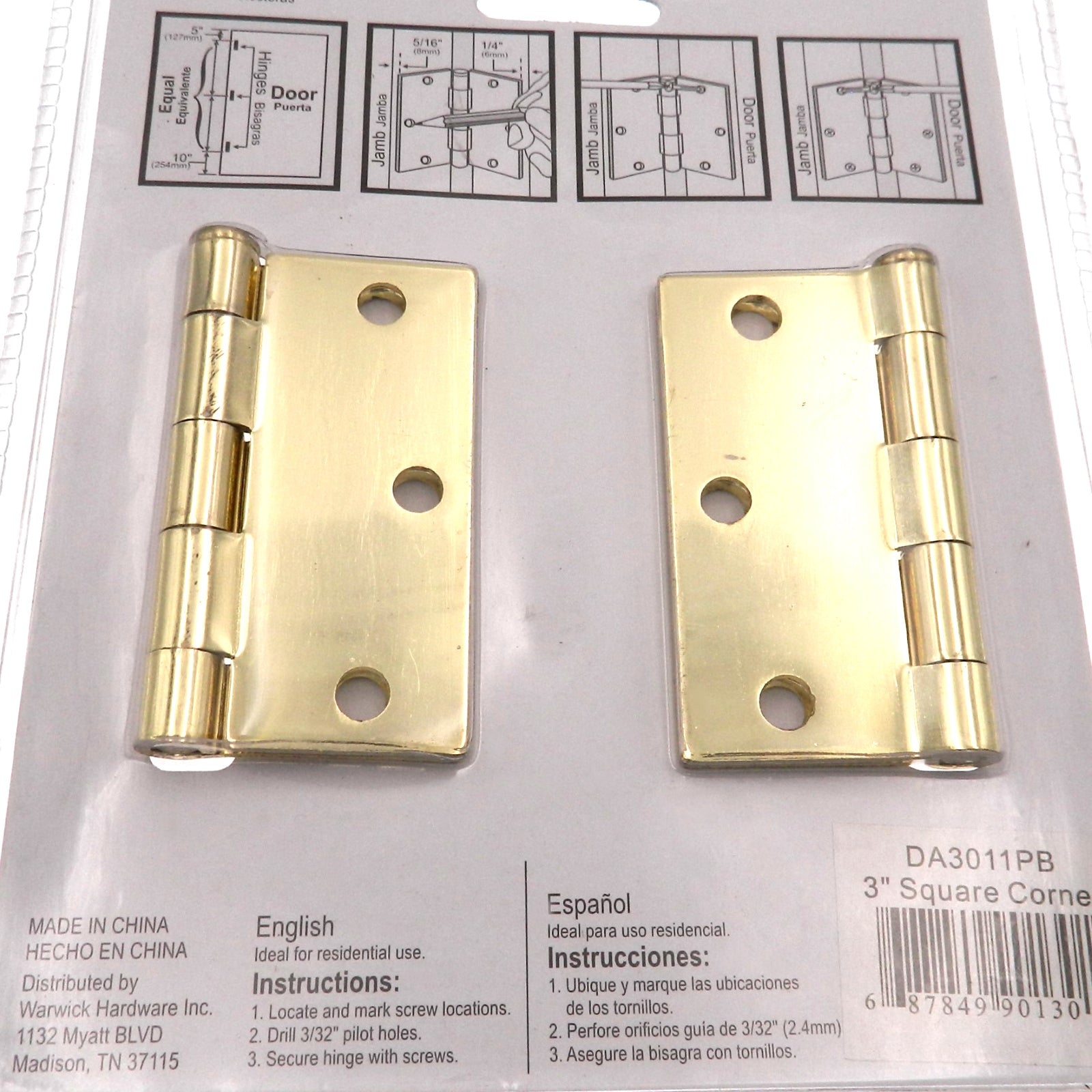 3 Pack Warwick 3" Door Hinge, Square Corner, Polished Brass DA3011PB