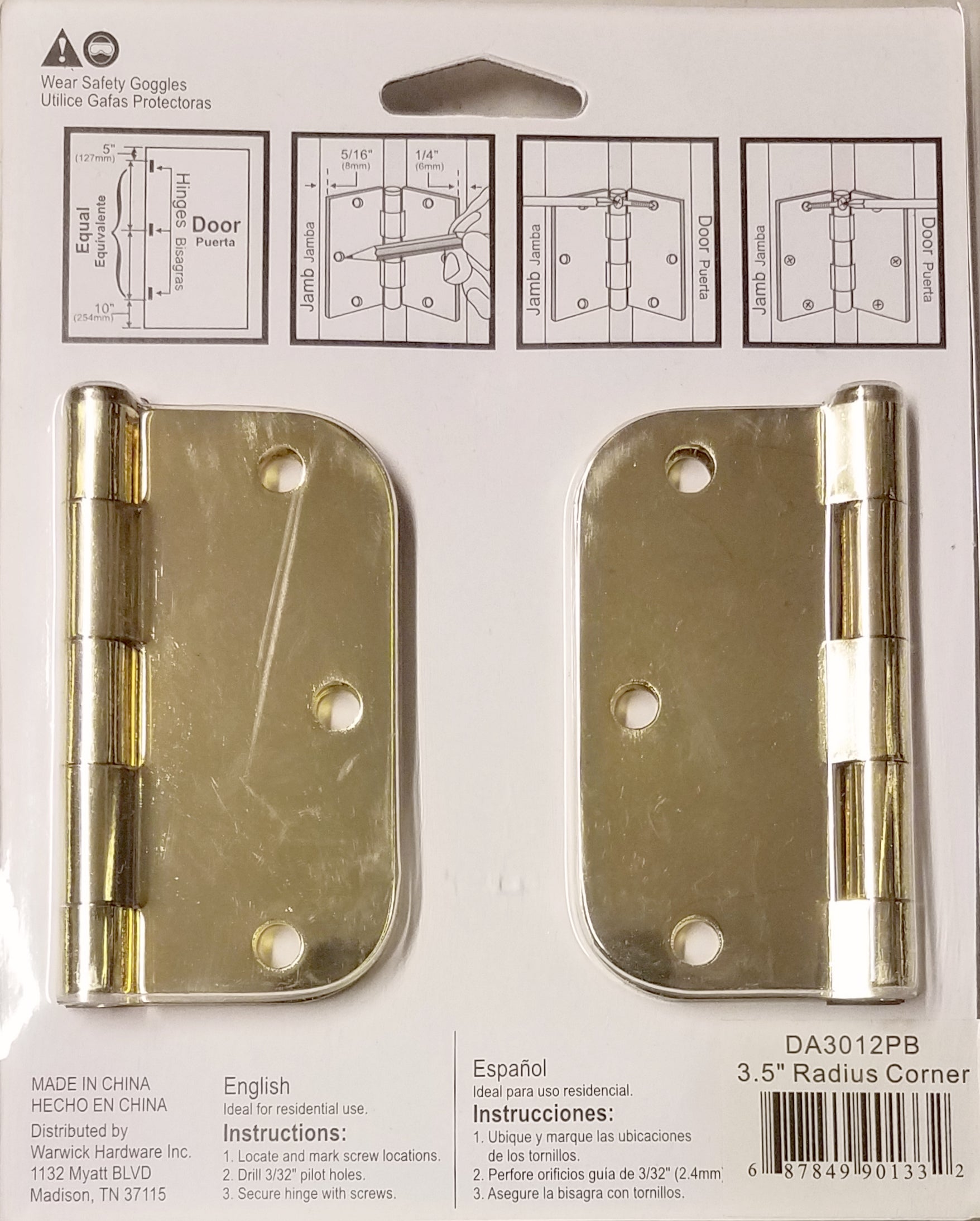 3 Pack Warwick 3 1/2" Door Hinge, 5/8" Radius Corner, Polished Brass DA3012PB