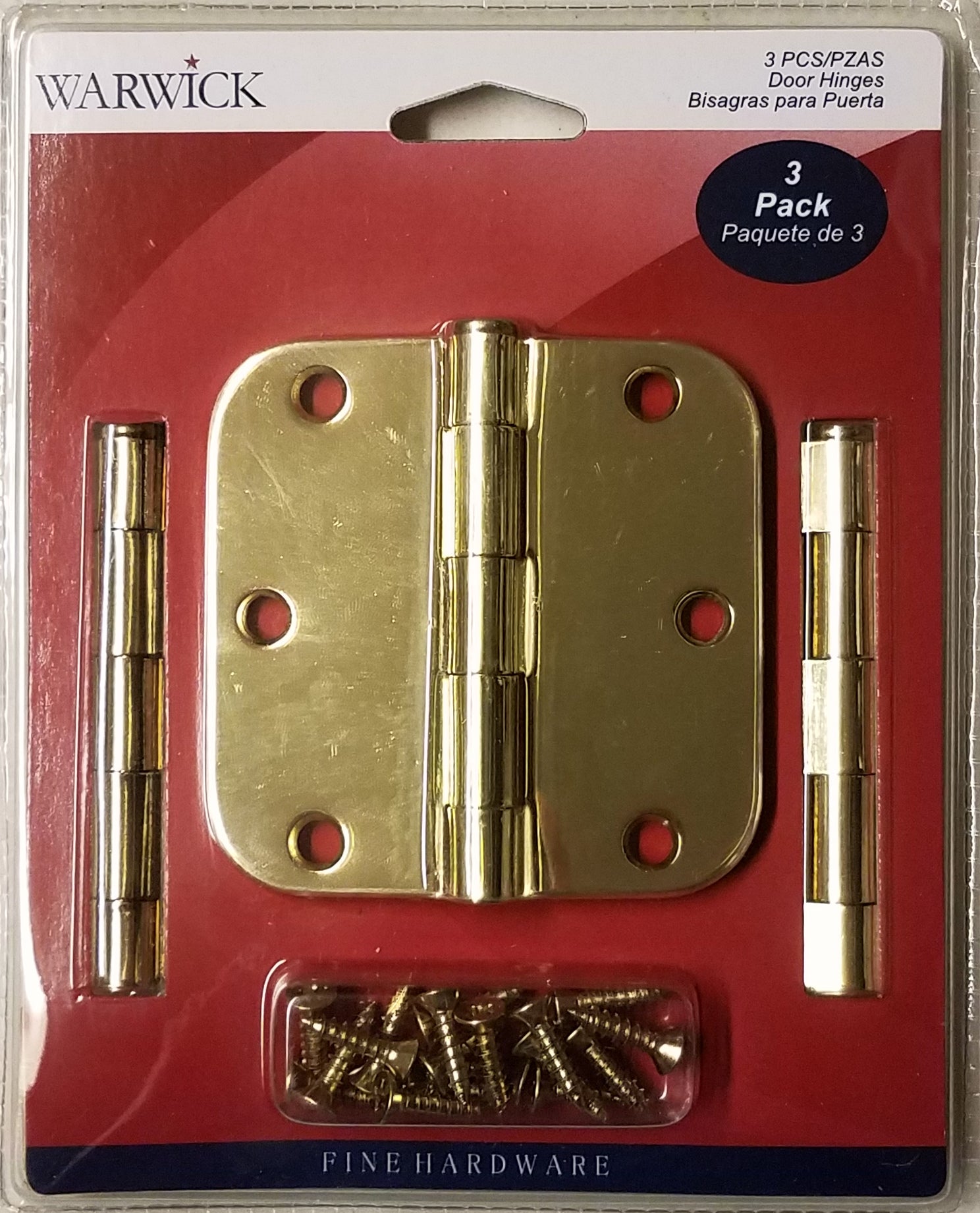 3 Pack Warwick 3 1/2" Door Hinge, 5/8" Radius Corner, Polished Brass DA3012PB