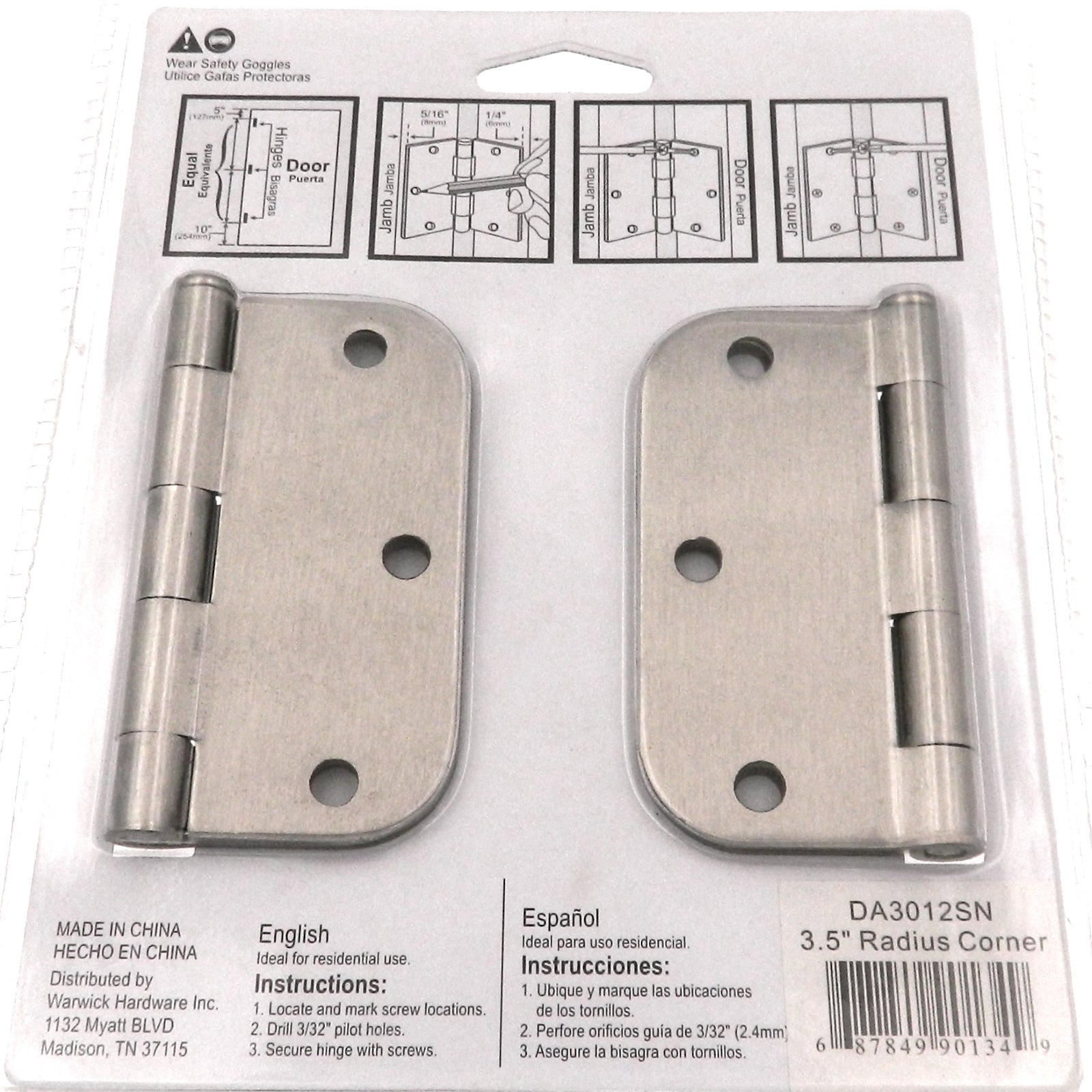 3 Pack Warwick 3 1/2" Door Hinge, 5/8" Radius Corner, Satin Nickel DA3012SN