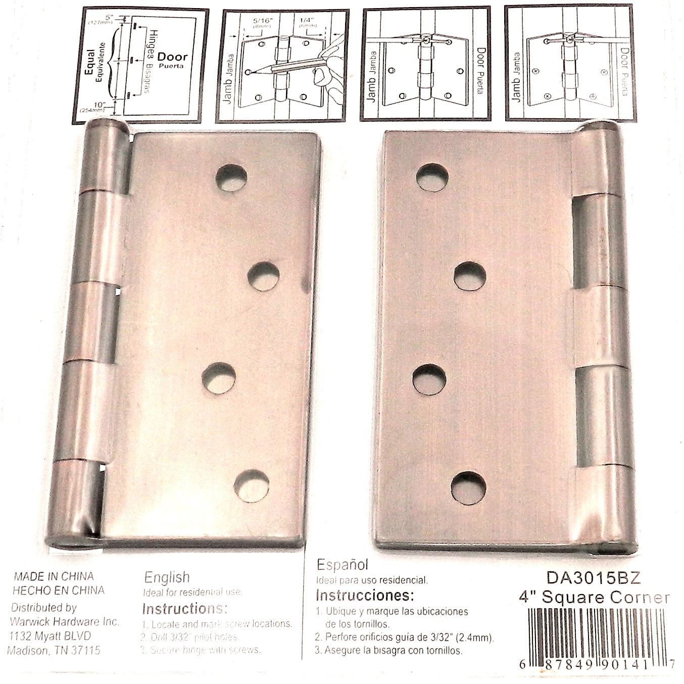 3 Pack Warwick 4" Door Hinge, Square Corner, Oil-Rubbed Bronze DA3015BZ