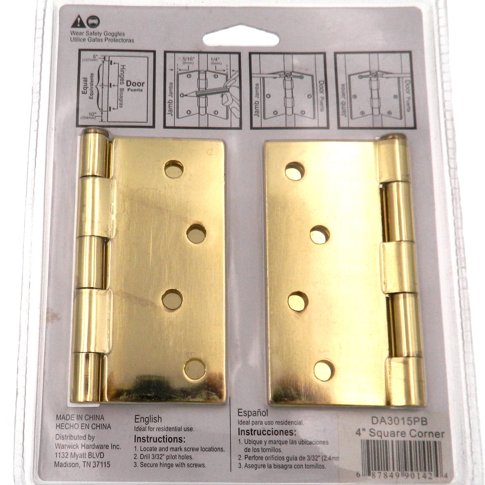 3 Pack Warwick 4" Door Hinge, Square Corner, Polished Brass DA3015PB