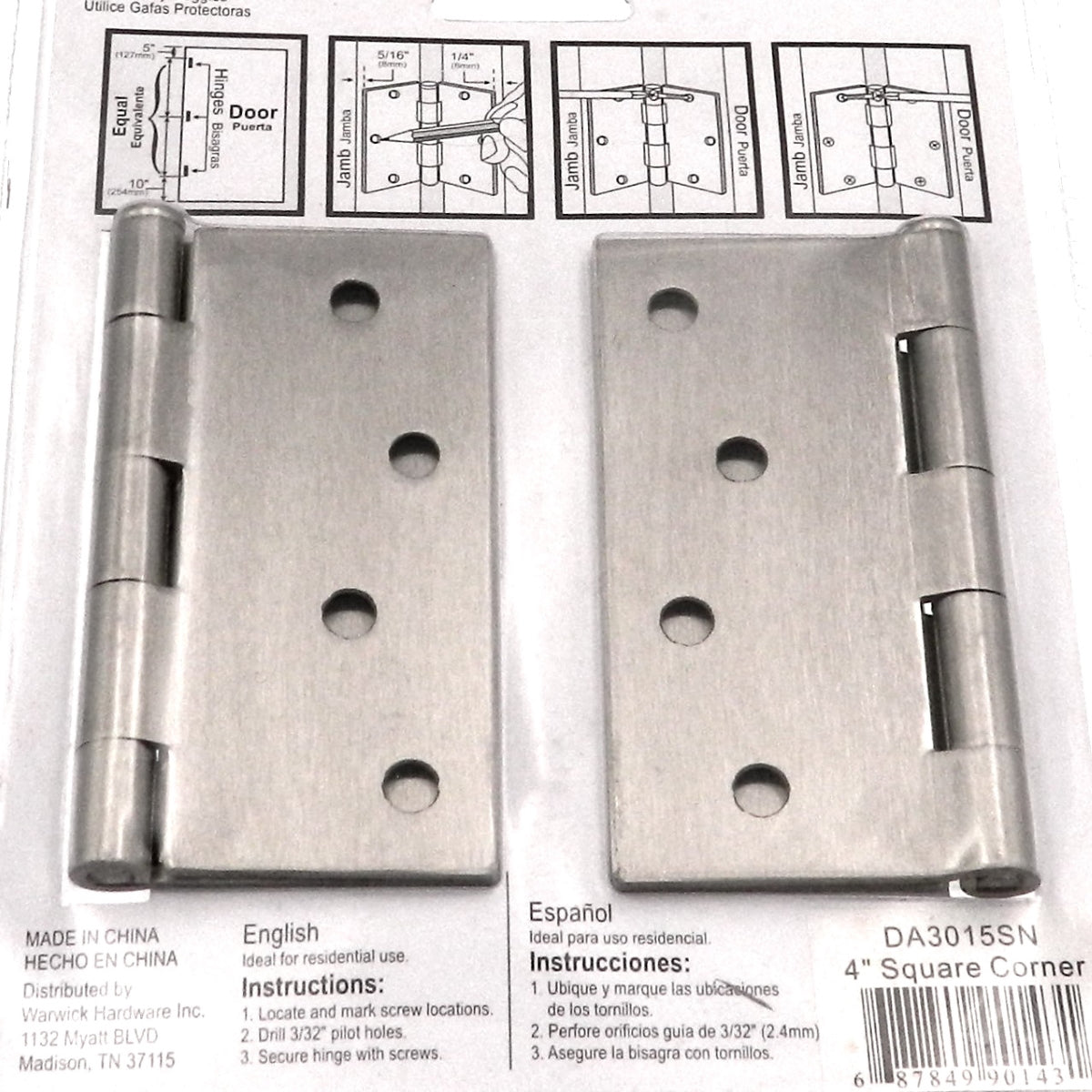 3 Pack Warwick 4" Door Hinge, Square Corner, Satin Nickel DA3015SN