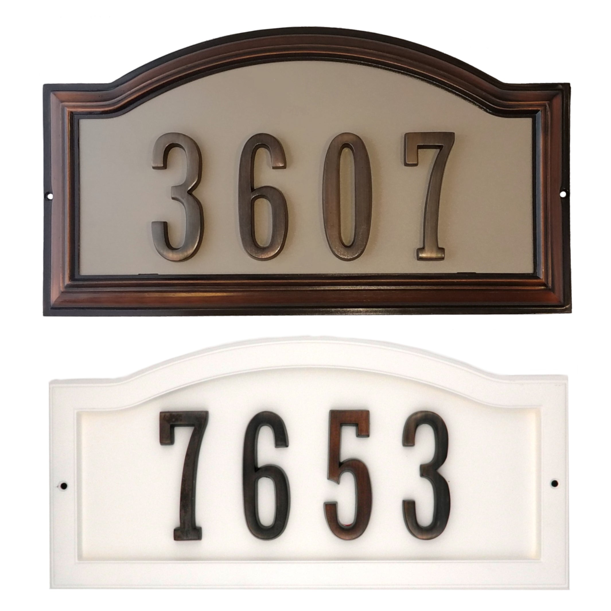 Warwick White Custom Arch House Number Plaques with Bronze Address Numbers