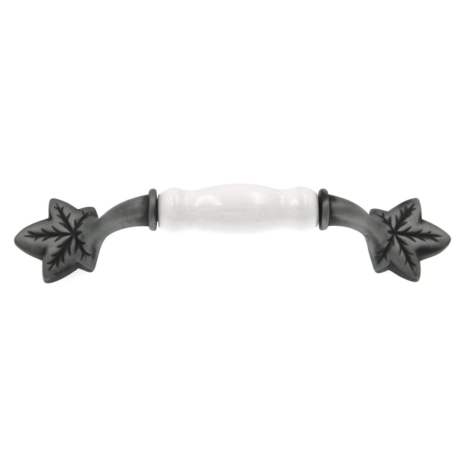 Hickory Country Satin Pewter Antique and White Porcelain 3 3/4"cc Leaf Cabinet Pull P3032-SPAW