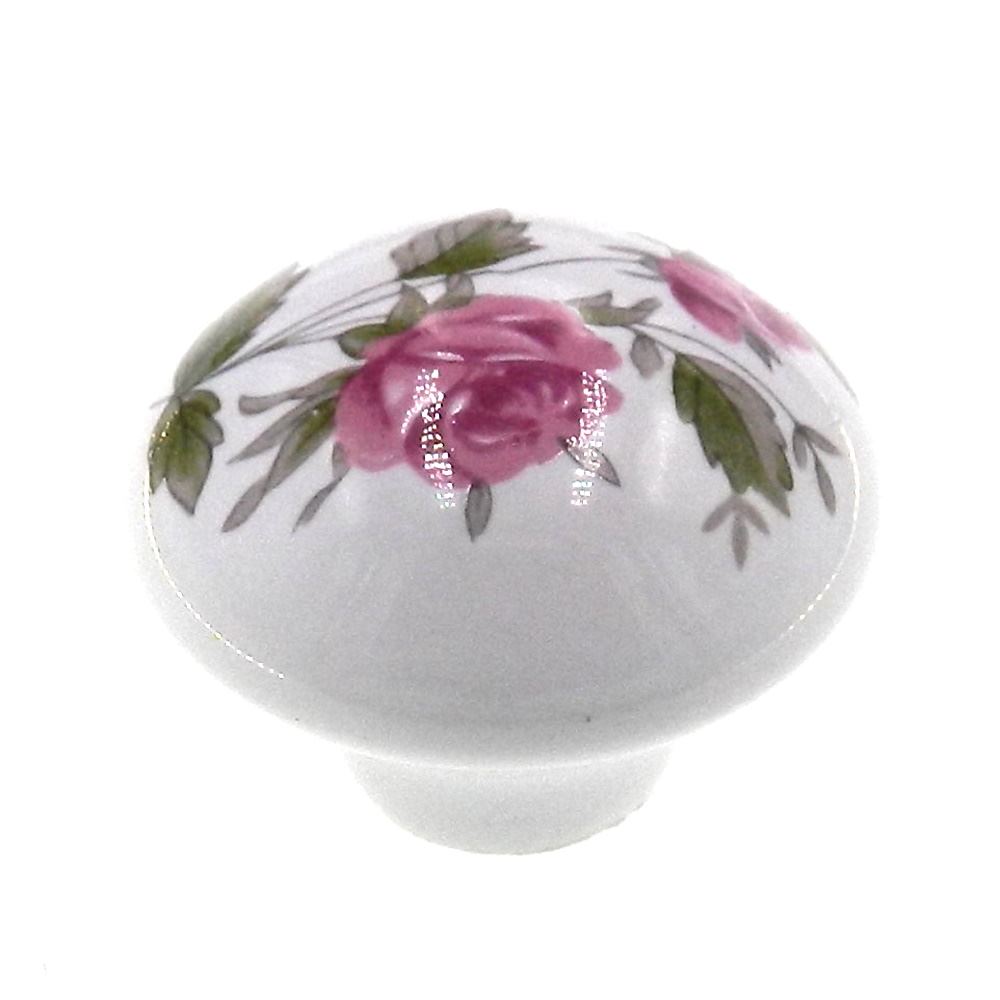 Belwith English Cozy White With Pink Rose 1 3/8" Porcelain Cabinet Knob P602-PR