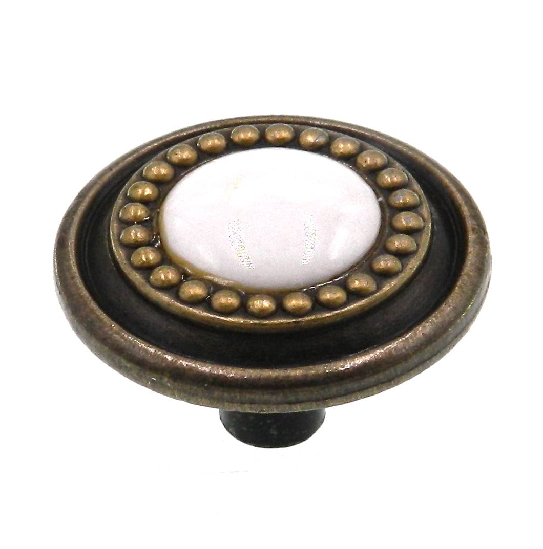 Belwith Cavalier 1 1/4" Antique Brass Cabinet Knob White Porcelain Center P953-W