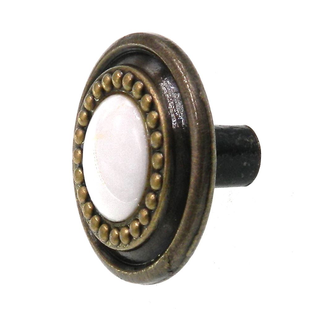 Belwith Cavalier 1 1/4" Antique Brass Cabinet Knob White Porcelain Center P953-W