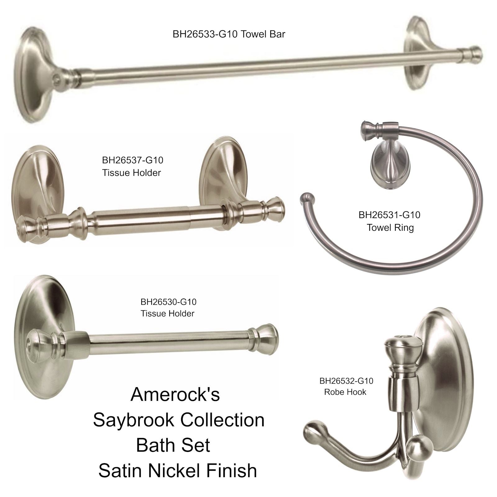 Amerock Saybrook 5-Piece Bath Accessory Set Satin Nickel Towel Bar Ring TP Holder Hook 