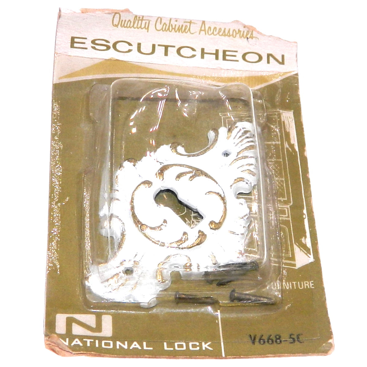 Vintage National Lock V668-5C White with Gold Cabinet Keyhole Plate Escutcheon